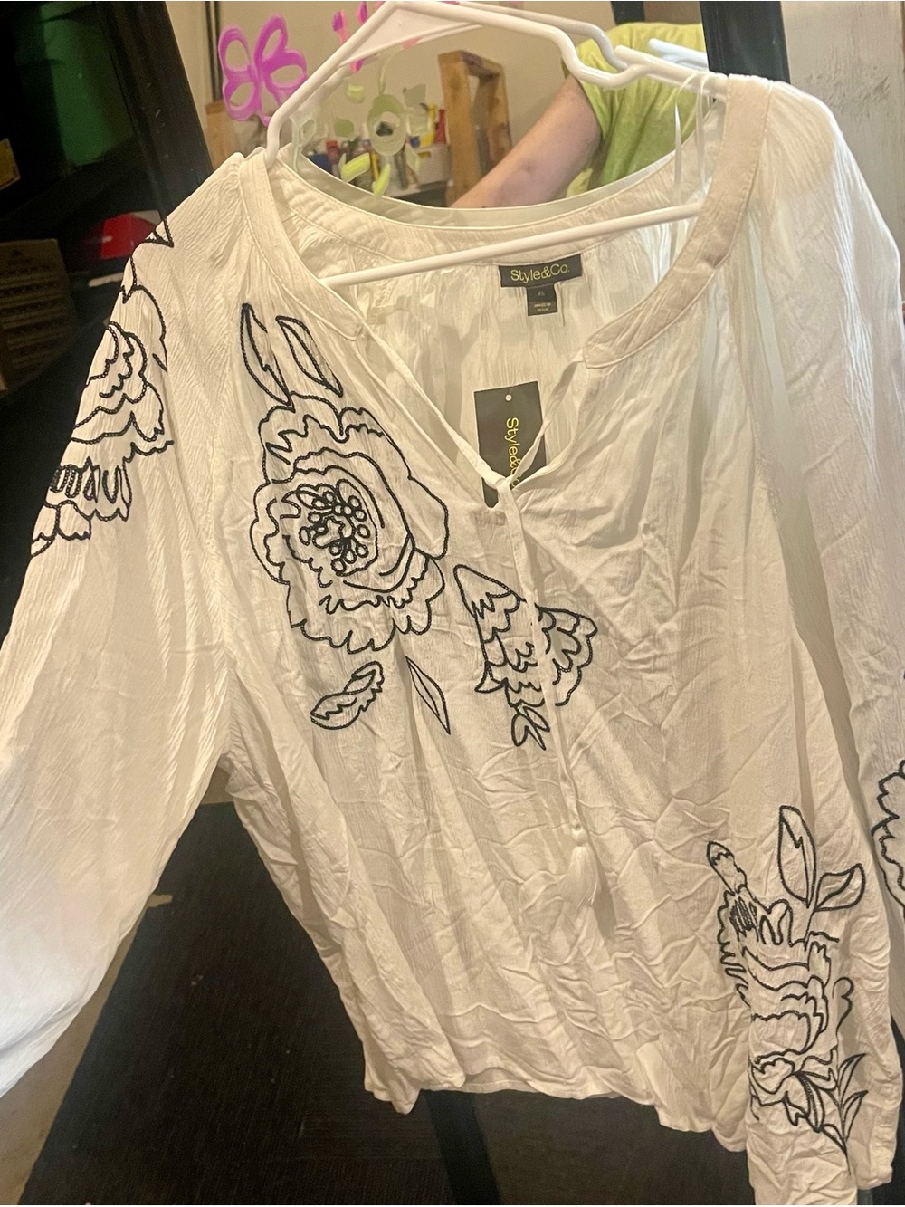 Style & Co. White Blouse with Black Floral Embroidery